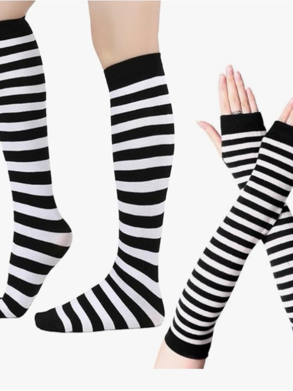 Black & White Striped Knee-High Socks with Matching Fingerless Arm Warmers